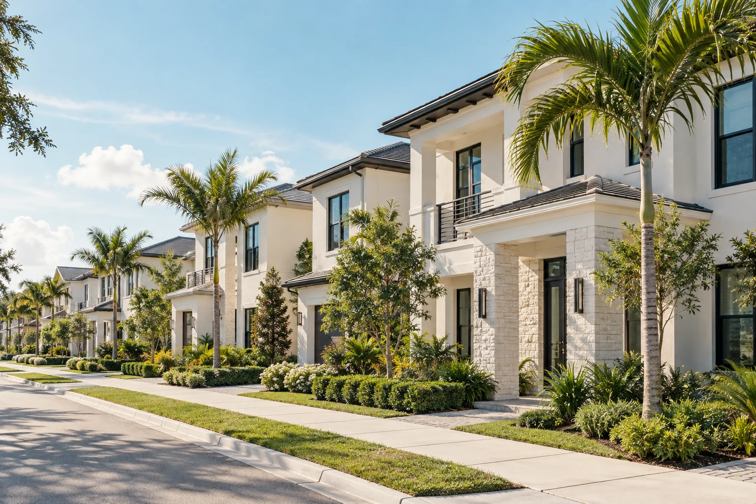 Illustrative view of contemporary homes and palm trees in Florida.
