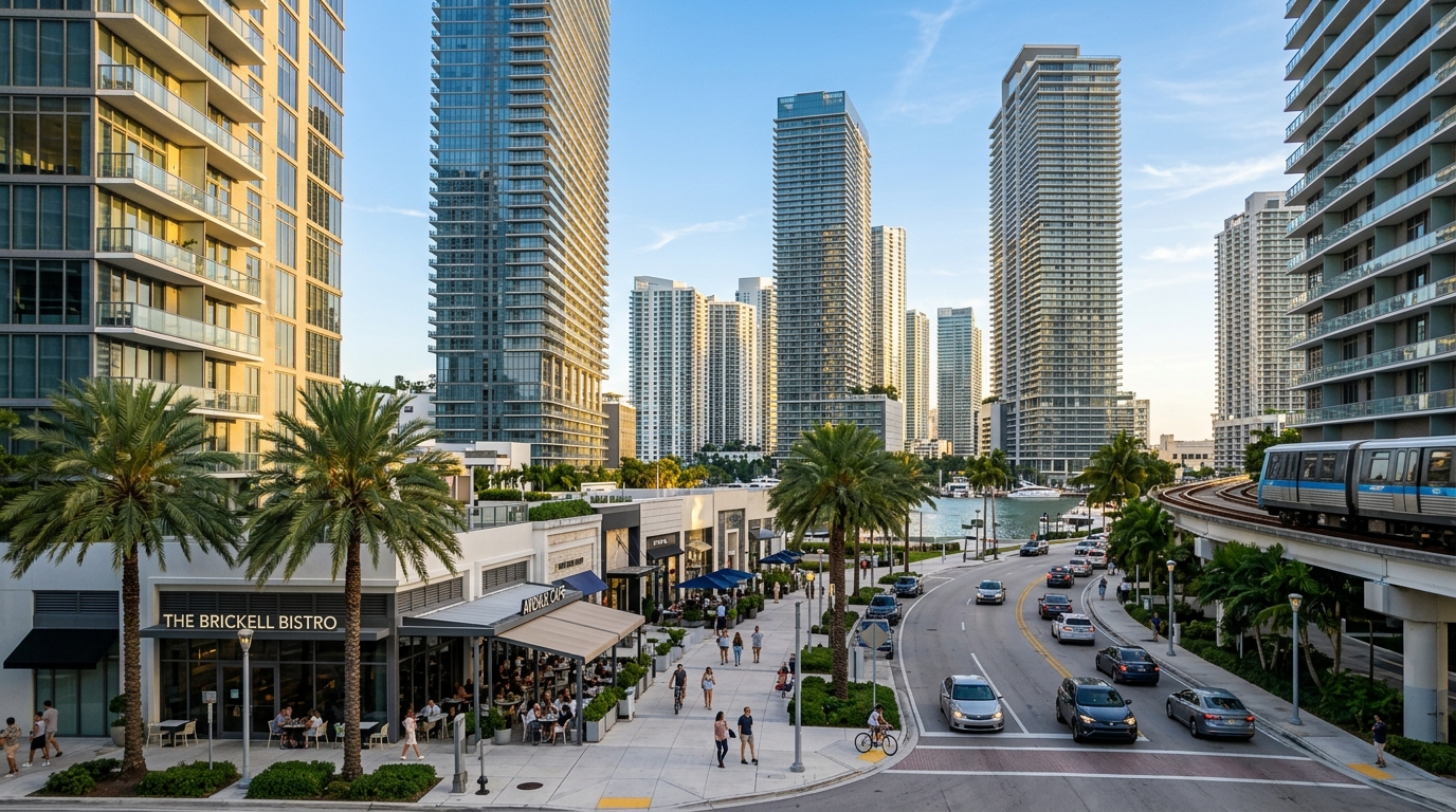 Torres residenciales y vida urbana peatonal en Brickell, Miami