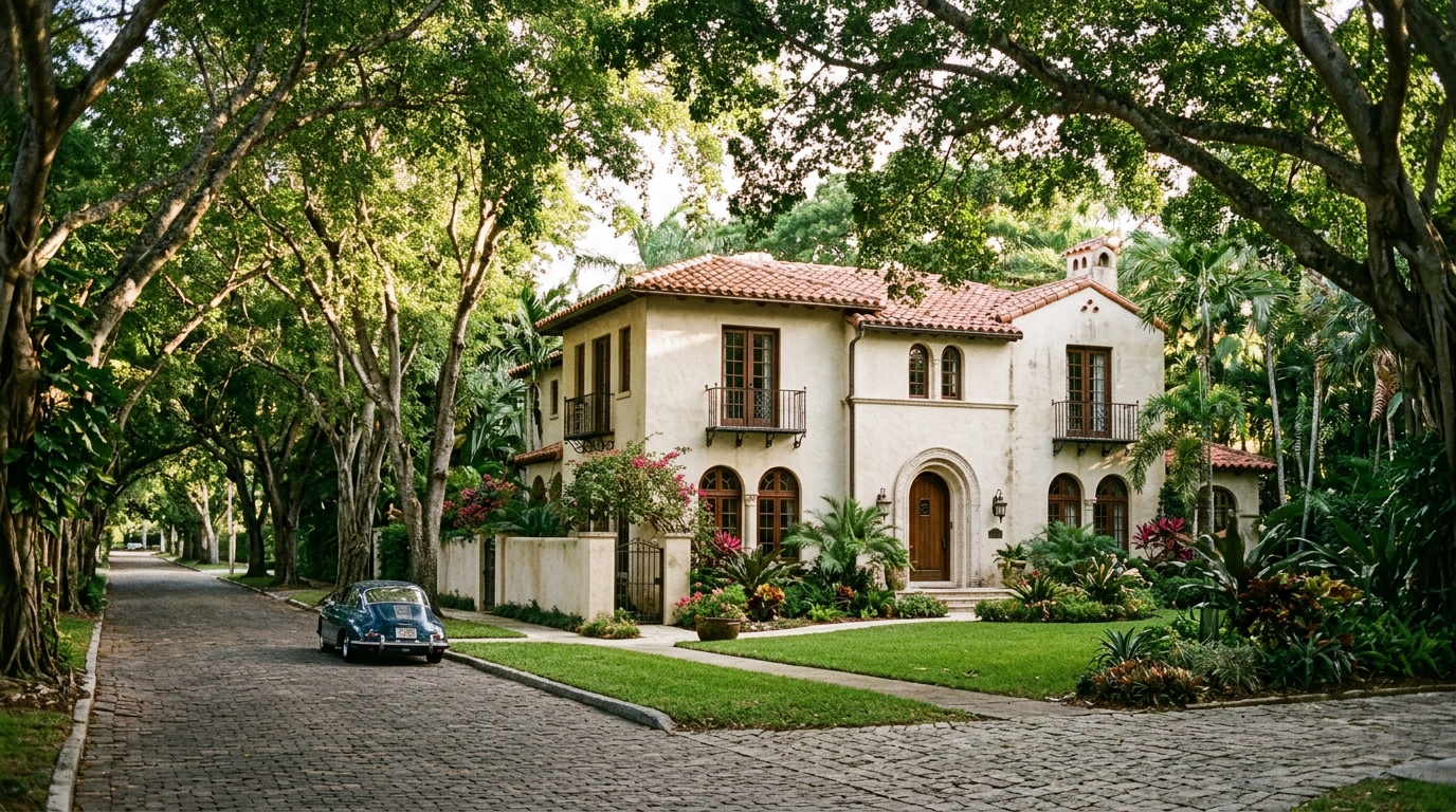 Calles arboladas y arquitectura clásica en Coral Gables