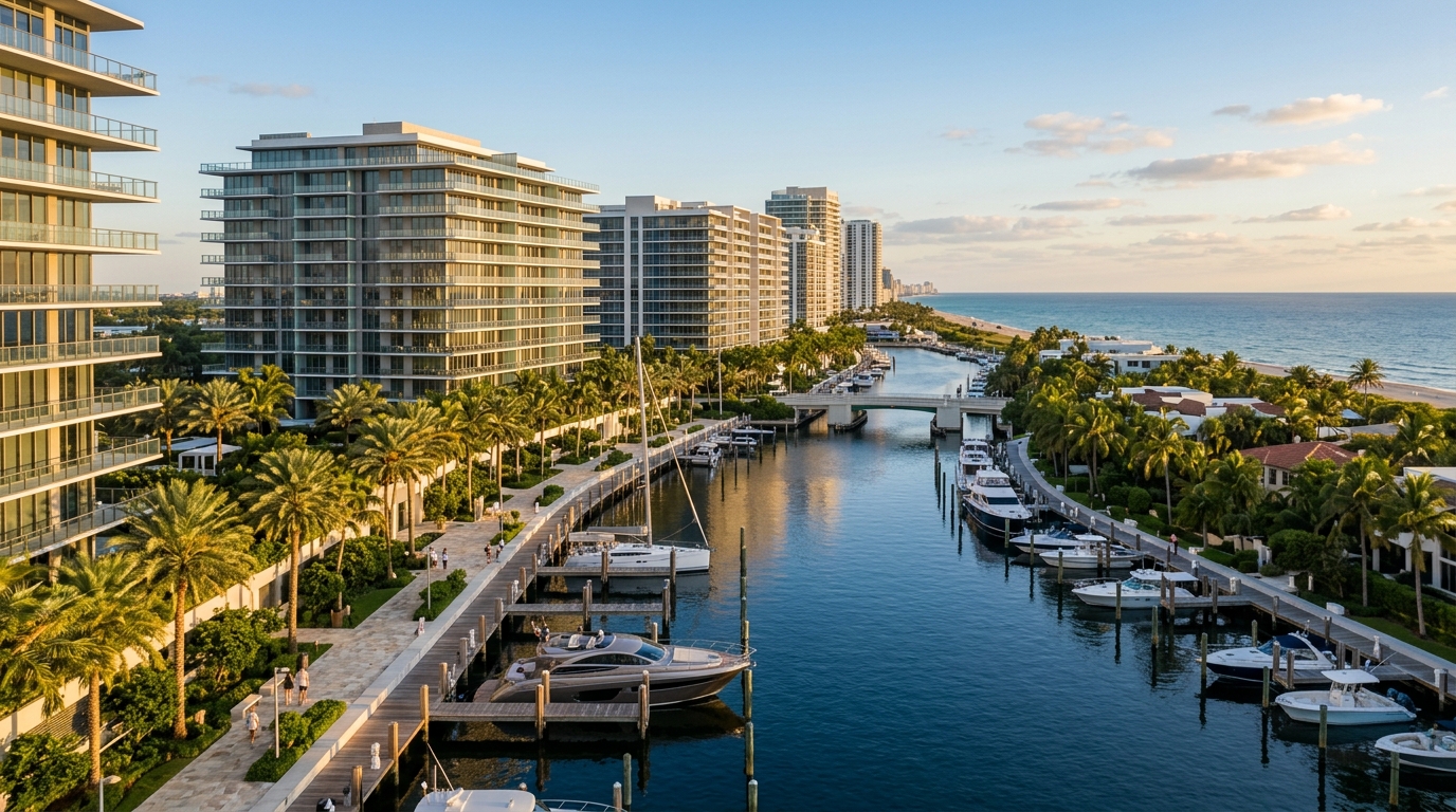 Condominios costeros y canales navegables en Hallandale Beach
