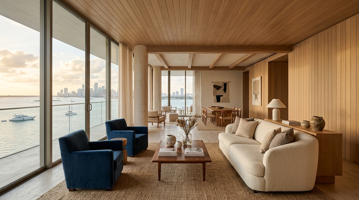 Interior arquitectónico residencial en Miami con vista a la bahía